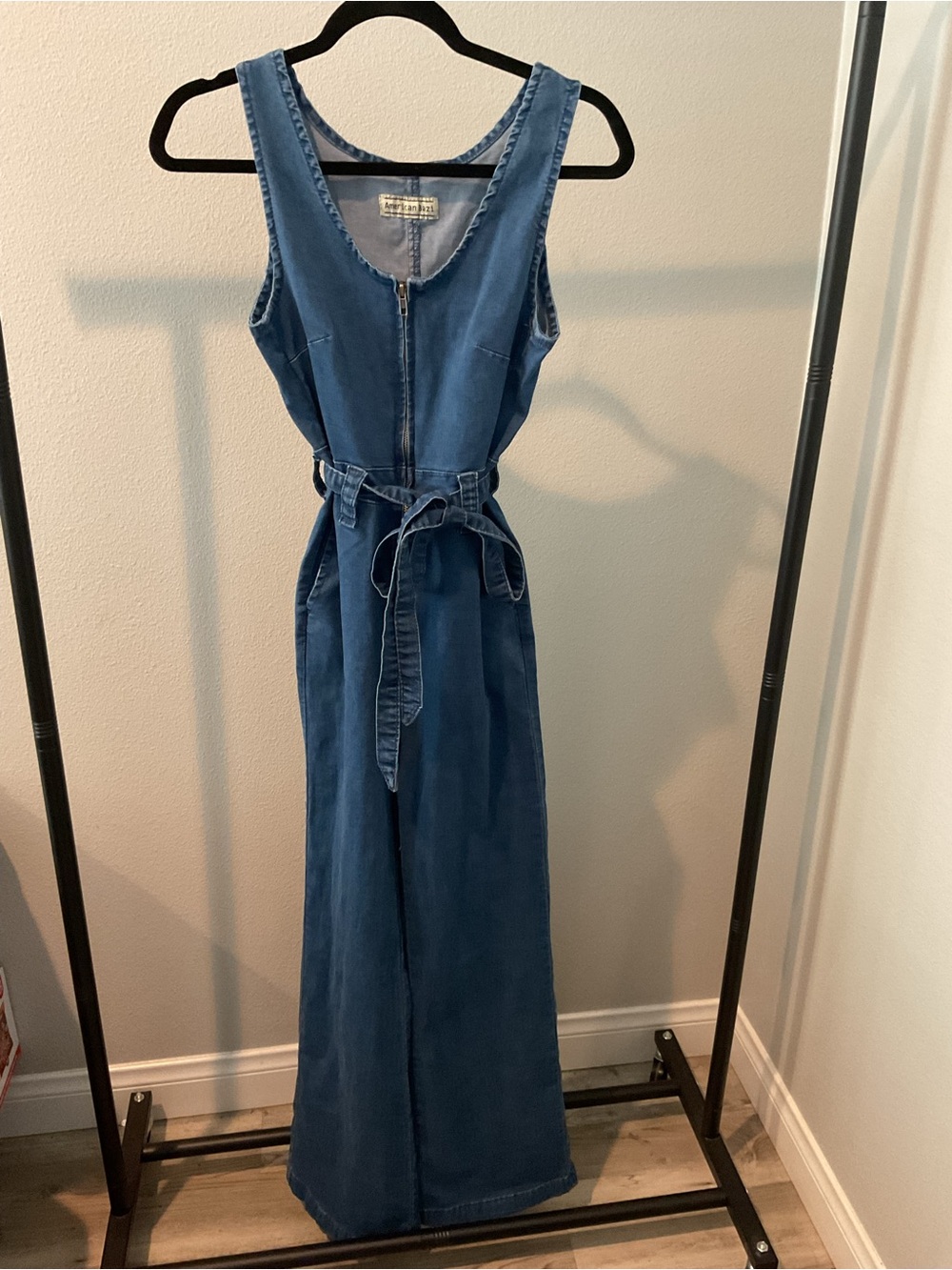 American Bazi Blue Sleeveless Denim Jumpsuit with Waist Tie